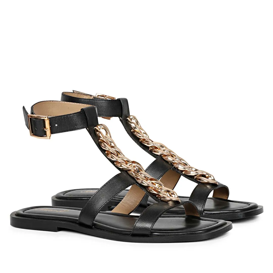 Saint Genesis Golden Chain Decor Black Leather Sandals