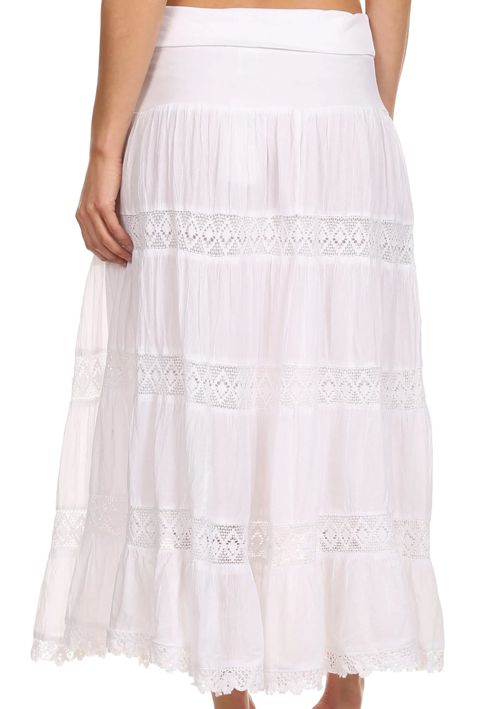 Sakkas Cassie Crochet Lace Trim Long Skirt With Fold-Over High Waistband