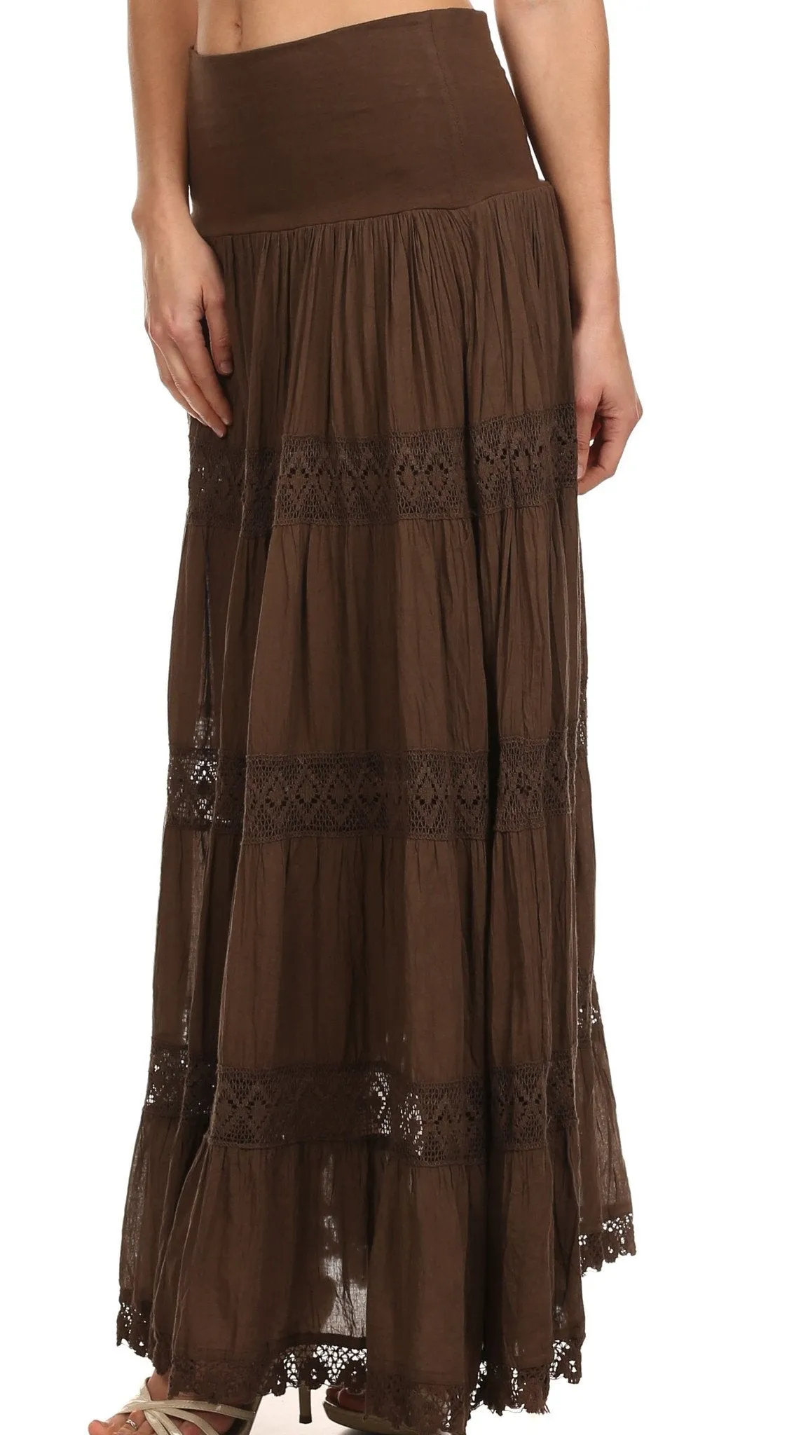 Sakkas Cassie Crochet Lace Trim Long Skirt With Fold-Over High Waistband