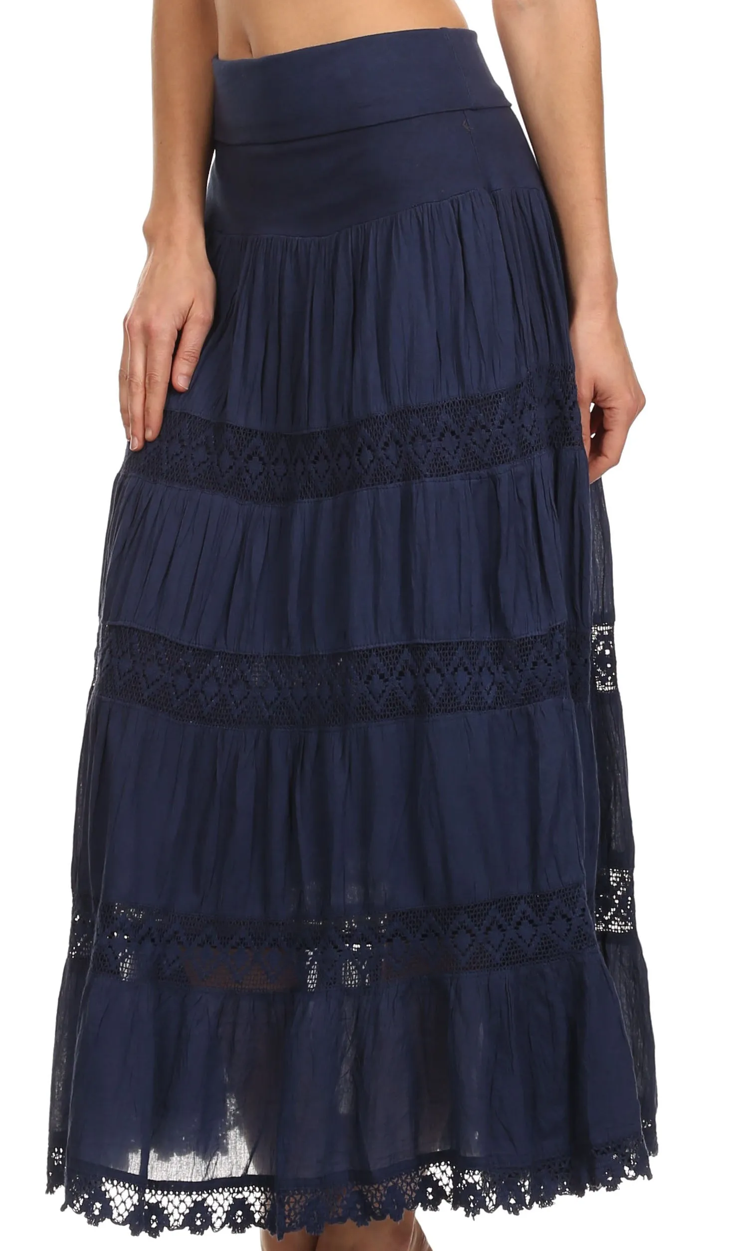 Sakkas Cassie Crochet Lace Trim Long Skirt With Fold-Over High Waistband