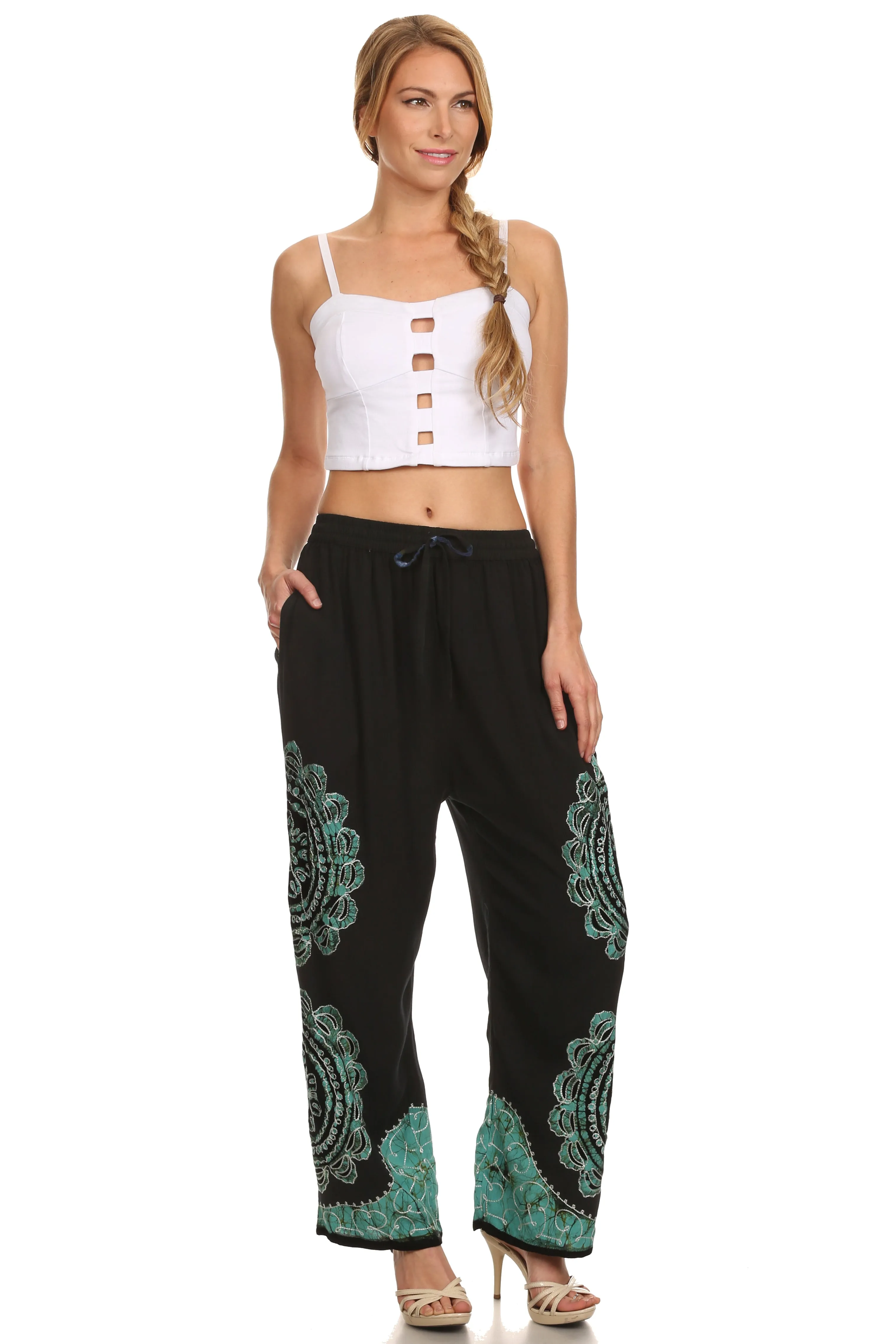 Sakkas Mase Floral Embroidered Adjustable Wide Leg Palazzo Pant