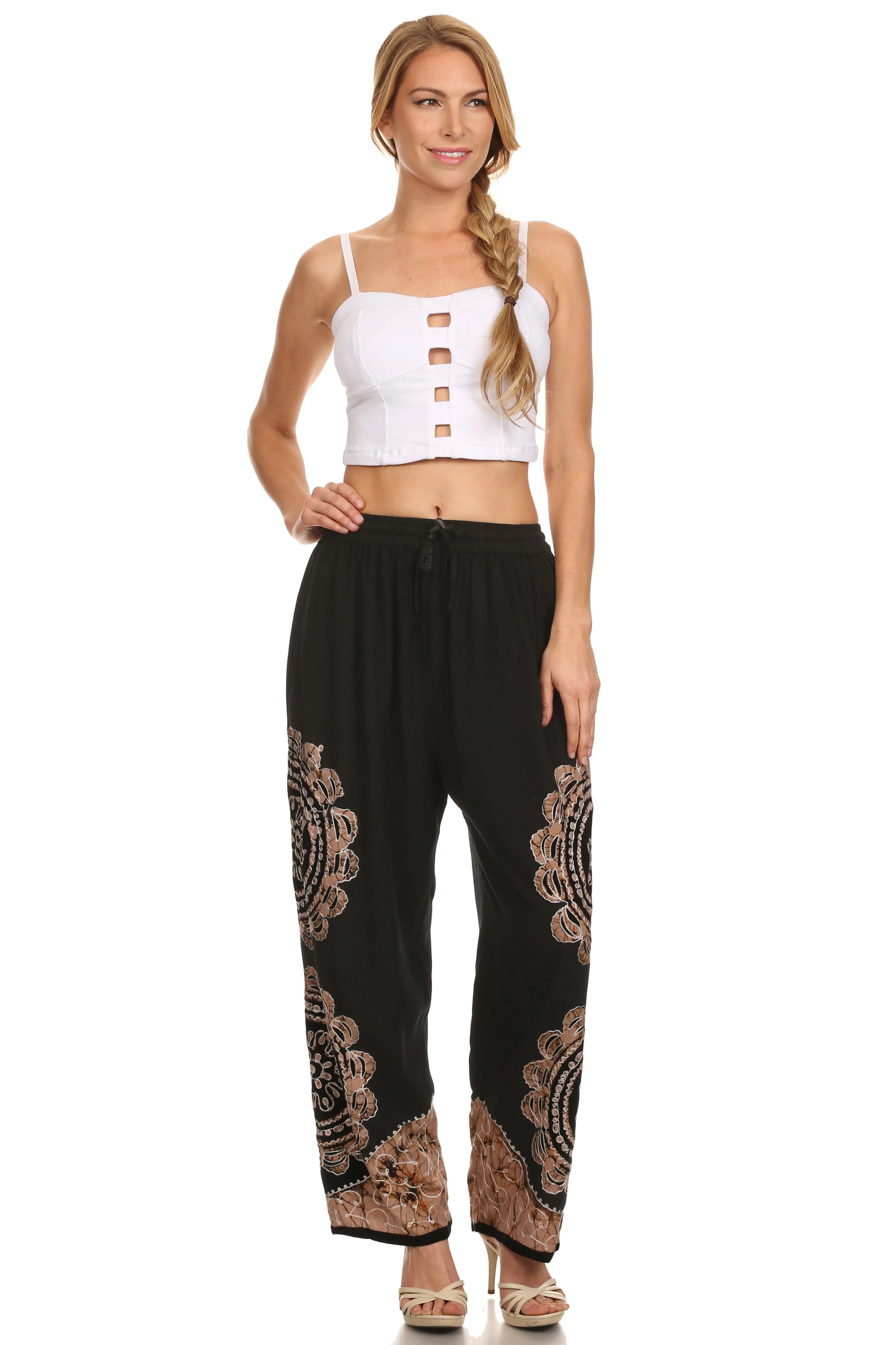 Sakkas Mase Floral Embroidered Adjustable Wide Leg Palazzo Pant