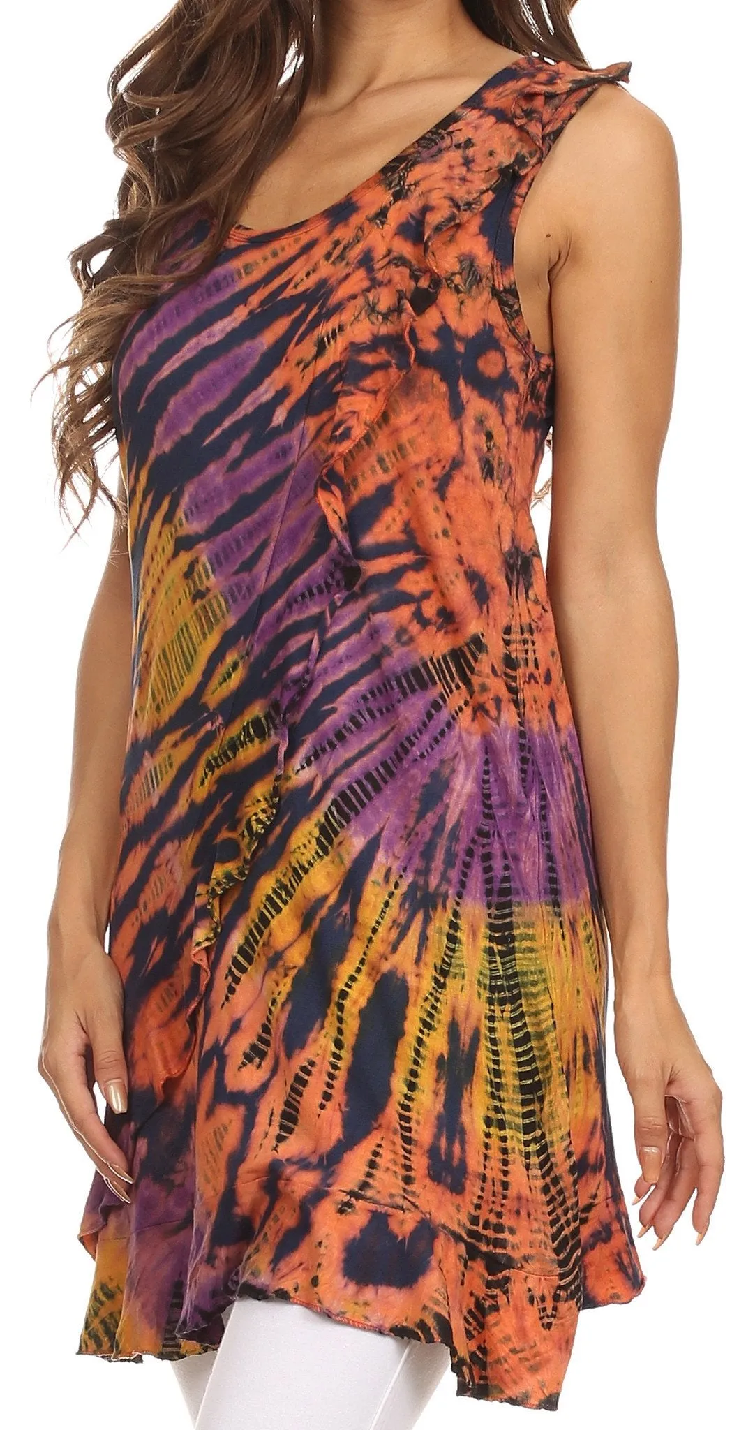 Sakkas Molika Mid Length Ruffled Tie Dye Tank Dress