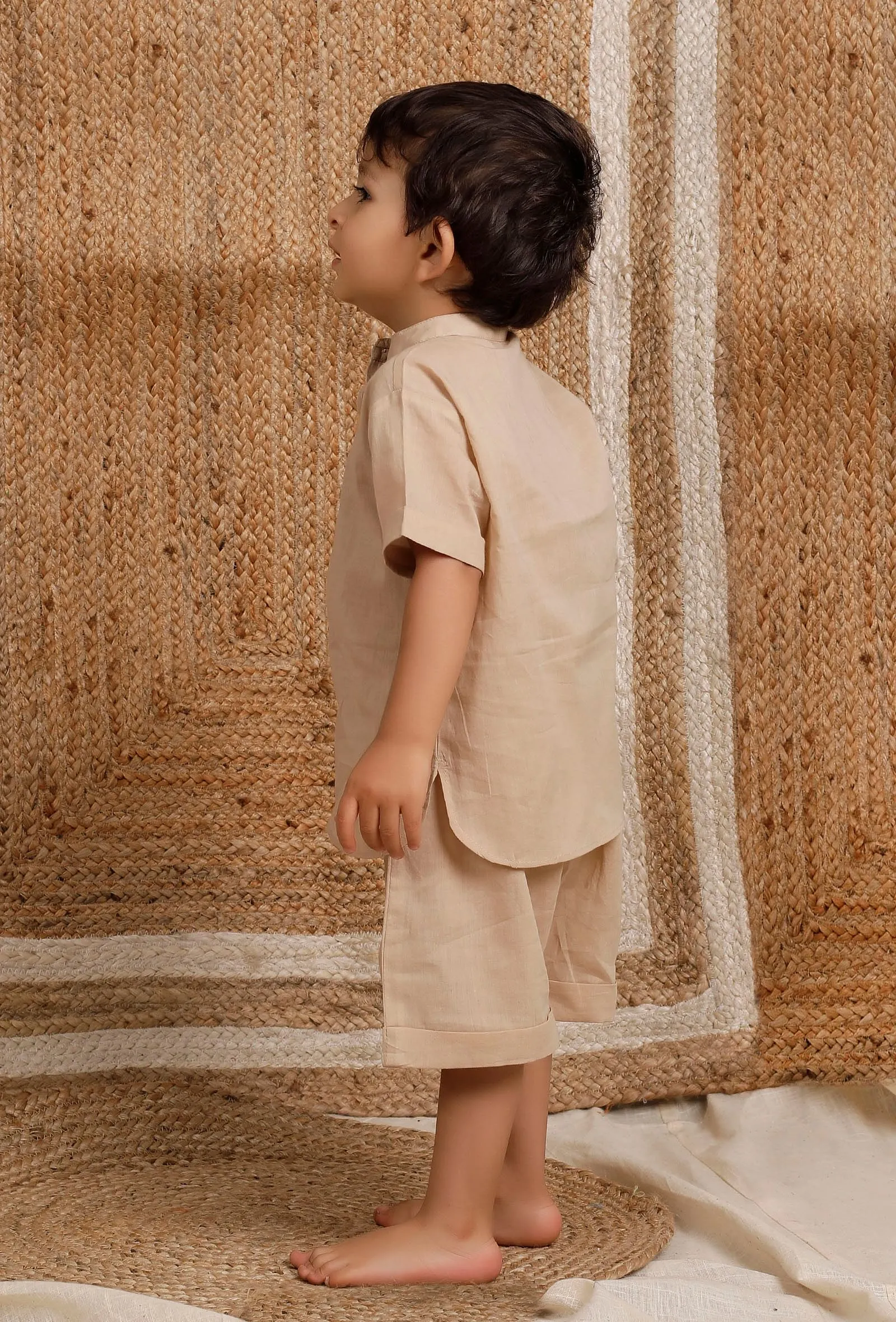 Set Of 2: Beige Mul Mul Short Kurta With  Short