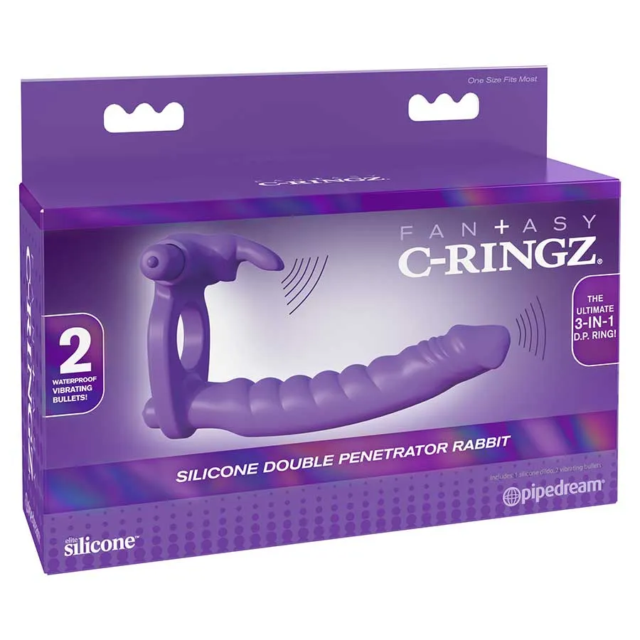 Silicone Double Penetrator Vibrating Rabbit Cock Ring Purple by Pipedream