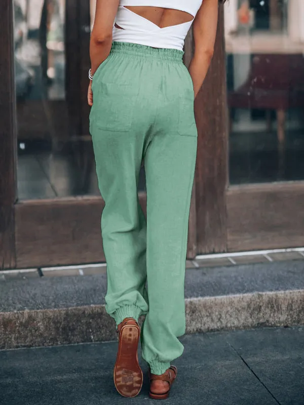 Solid Color Cotton Lightweight Drawstring Waist Casual Pants