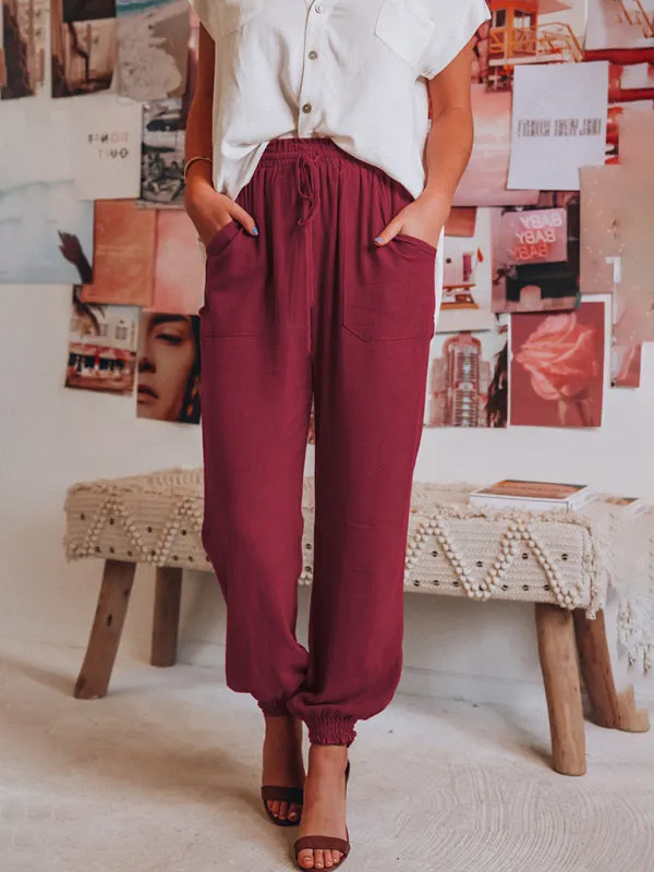 Solid Color Cotton Lightweight Drawstring Waist Casual Pants