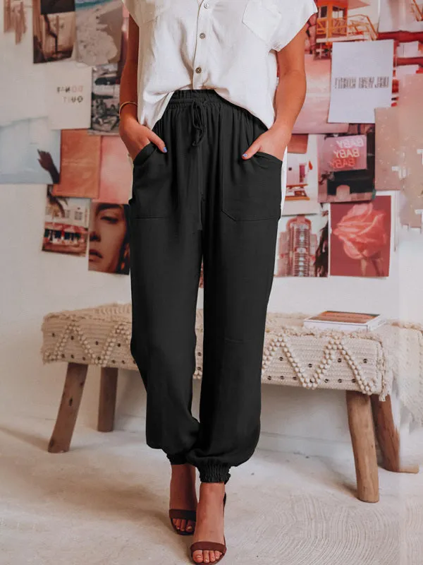 Solid Color Cotton Lightweight Drawstring Waist Casual Pants