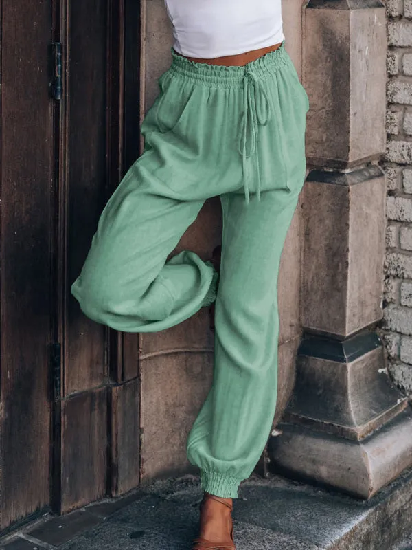 Solid Color Cotton Lightweight Drawstring Waist Casual Pants