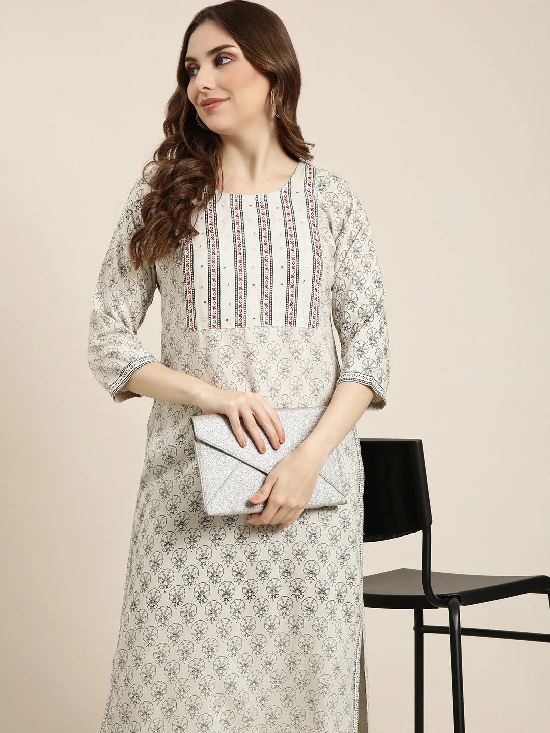 Women Straight Grey Floral Kurta