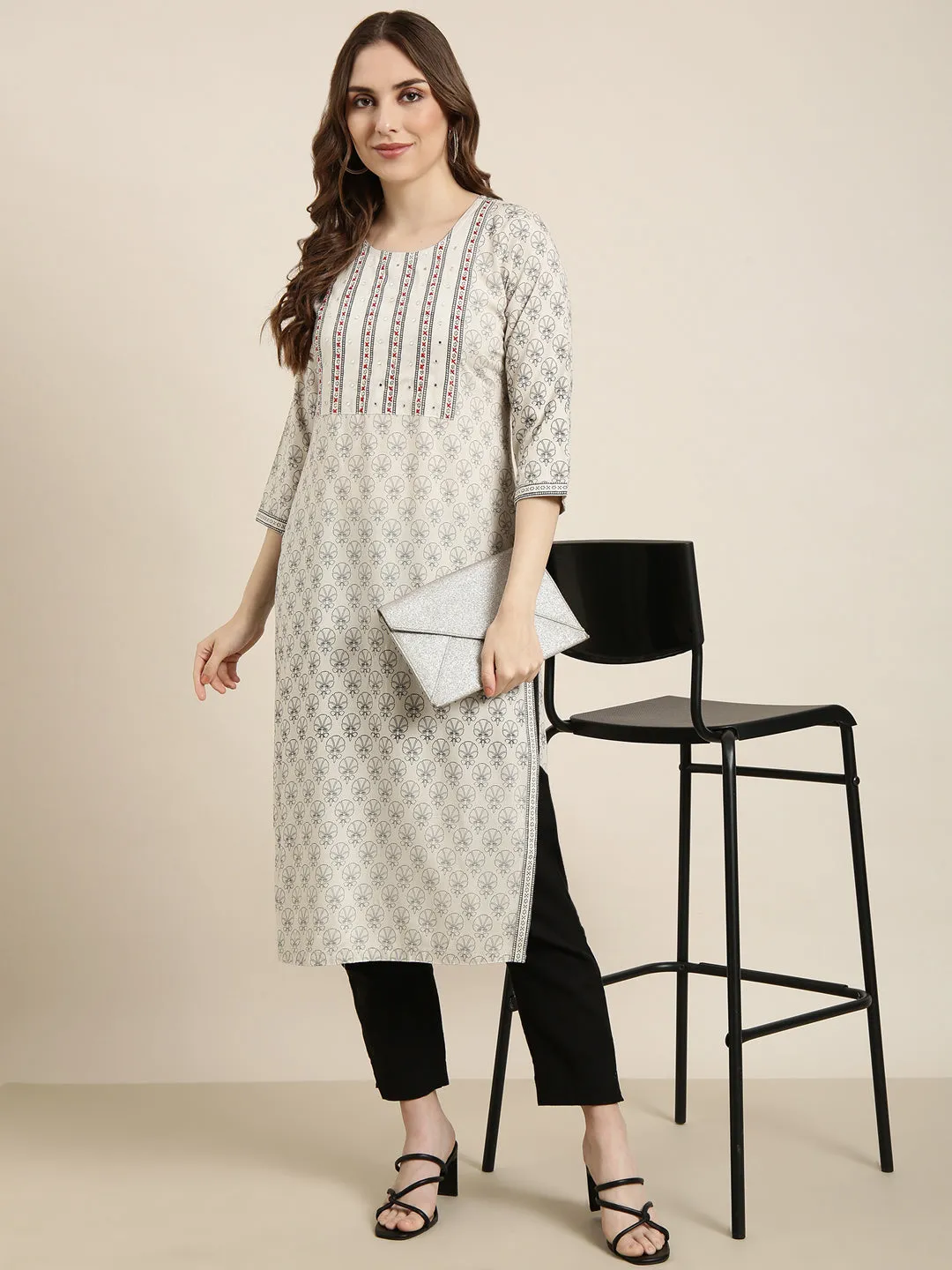 Women Straight Grey Floral Kurta