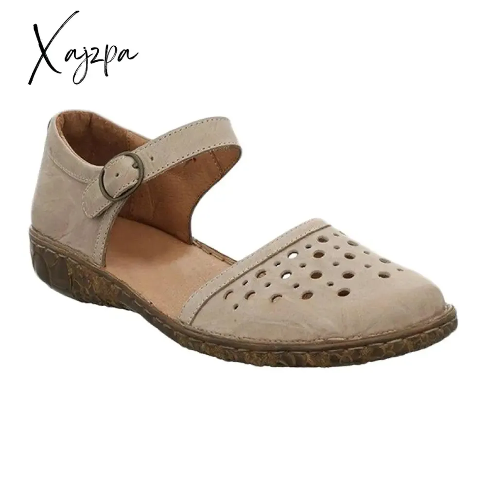 Xajzpa New Women Round Toe Hollow-out Sandals Comfortable Soft Hook Loop Mary Jane Flat Sandal Breathable Non-slip For Summer