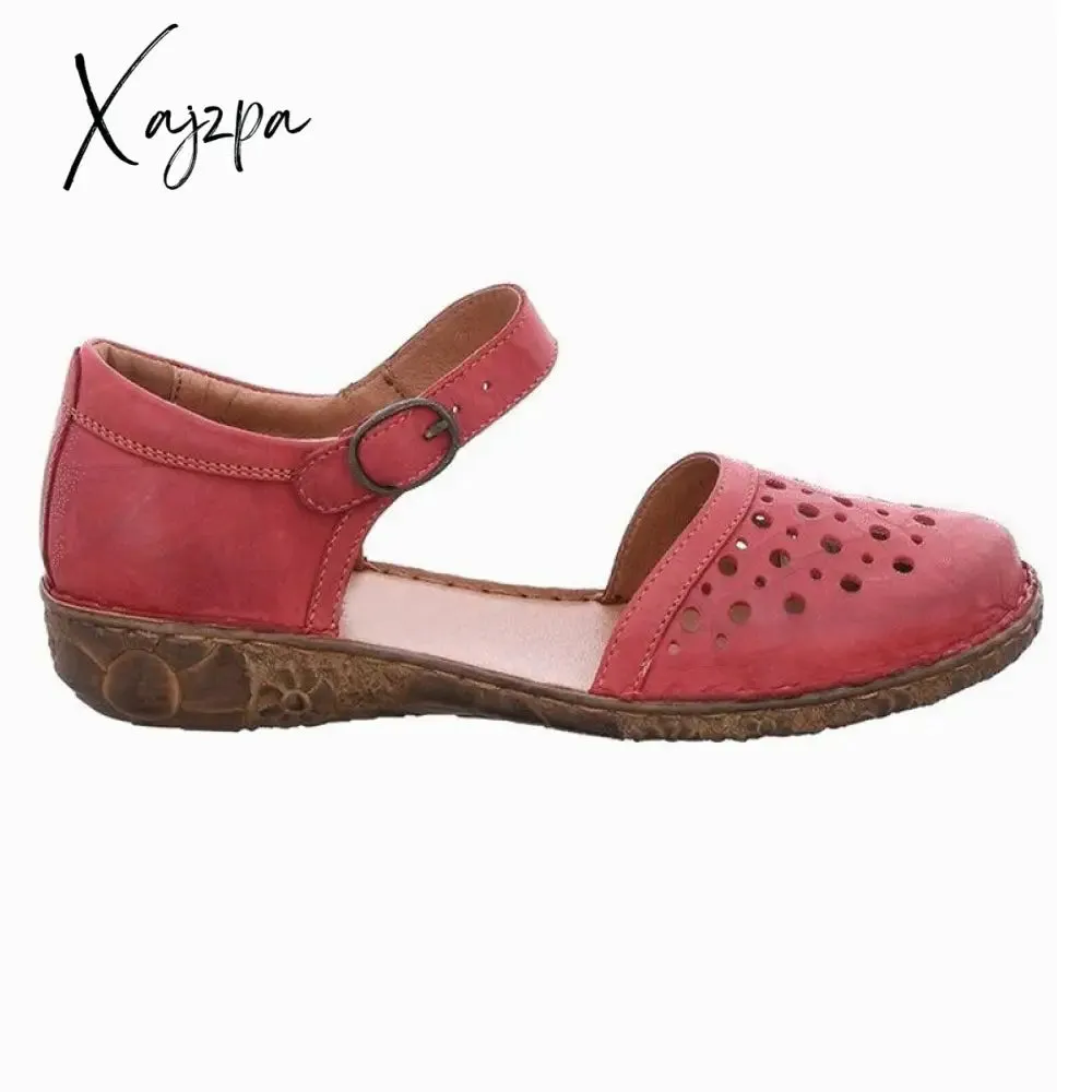 Xajzpa New Women Round Toe Hollow-out Sandals Comfortable Soft Hook Loop Mary Jane Flat Sandal Breathable Non-slip For Summer