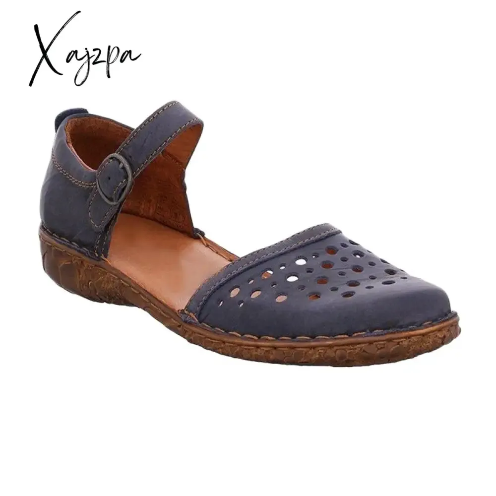 Xajzpa New Women Round Toe Hollow-out Sandals Comfortable Soft Hook Loop Mary Jane Flat Sandal Breathable Non-slip For Summer