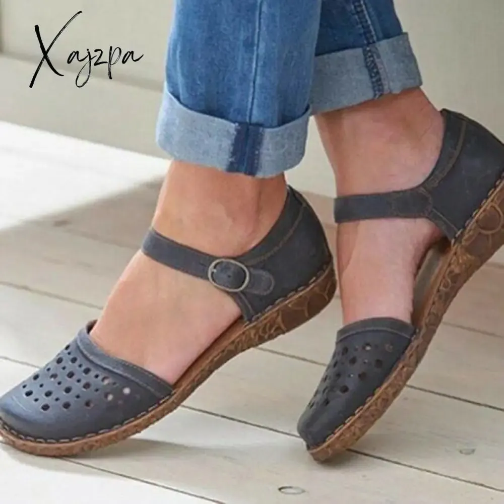 Xajzpa New Women Round Toe Hollow-out Sandals Comfortable Soft Hook Loop Mary Jane Flat Sandal Breathable Non-slip For Summer